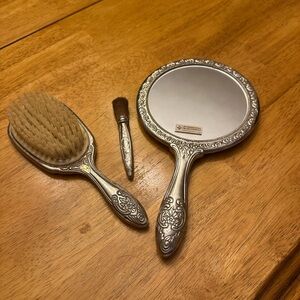 Silver Vanity Set with Mirror, Brush, and rare makeup brush